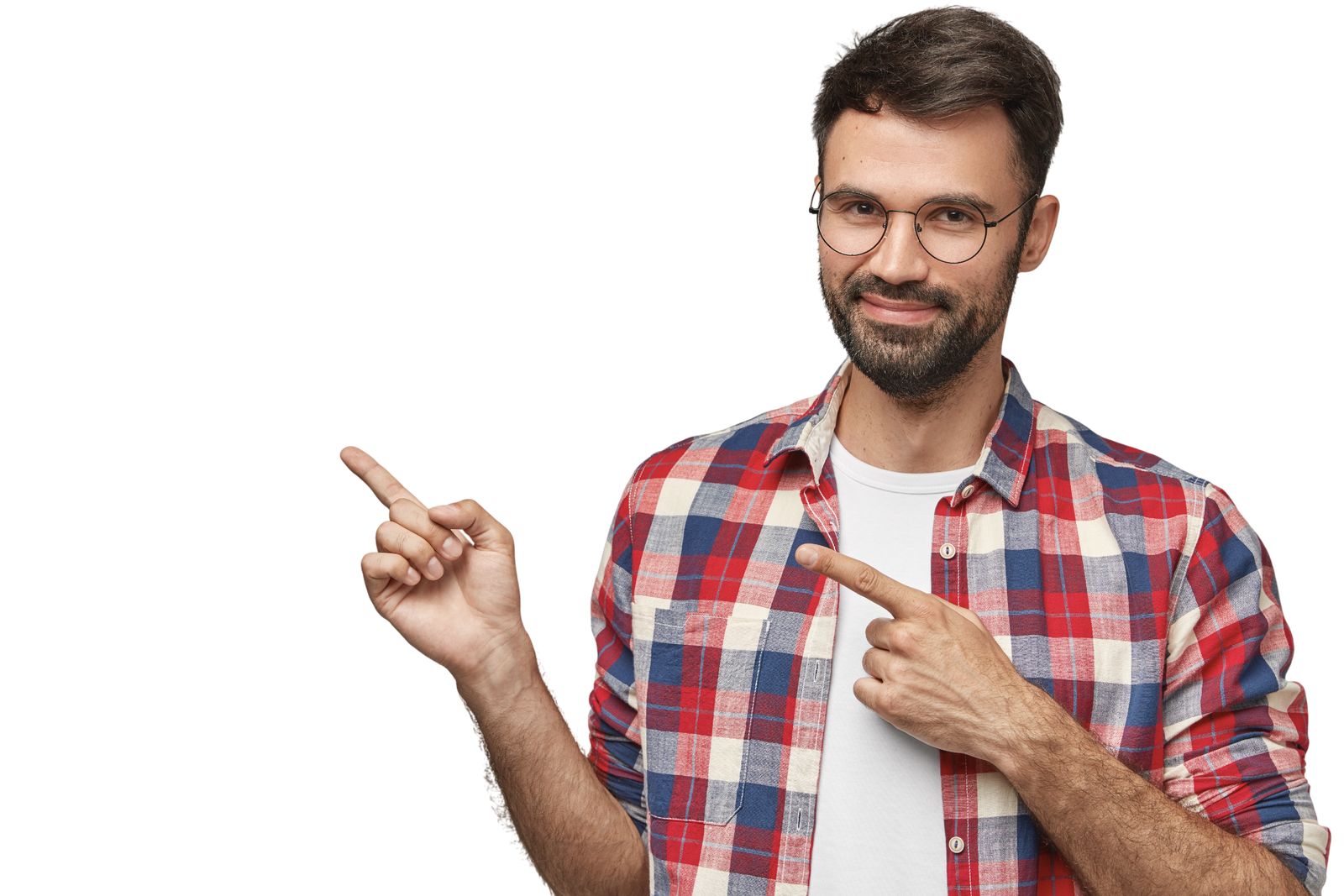 shot good looking man with satisfied expression has dark stubble indicates with fore fingers aside photoroom